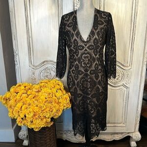 Bardot Blush with Black Lace Overlay Deep V Neck Long Sleeve Sheath Dress S/10